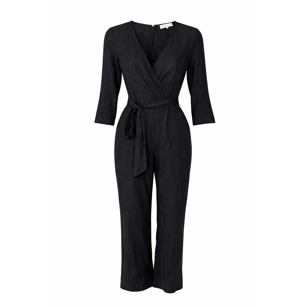 Apiece Apart Morena Pocket Jumpsuit Women 4 Black NWOT Linen Tencel Wrap Belted